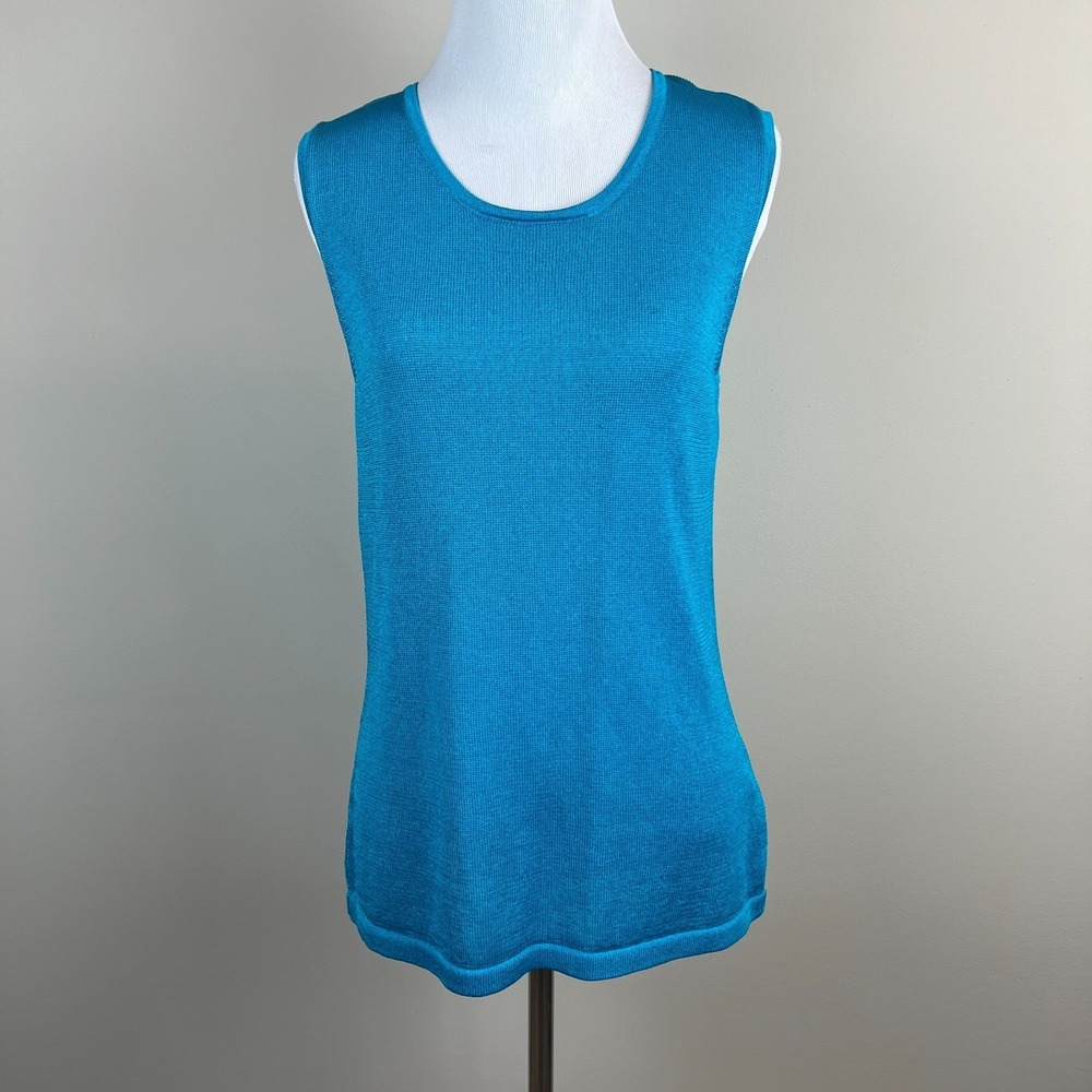 Evan Picone Top Womens Medium Blue Knit Sheer Sleeveless Lightweight Tank Summer